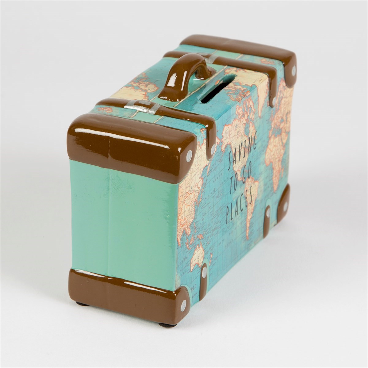 Toy suitcase with world map design and 'Travel to new places' text on a white background