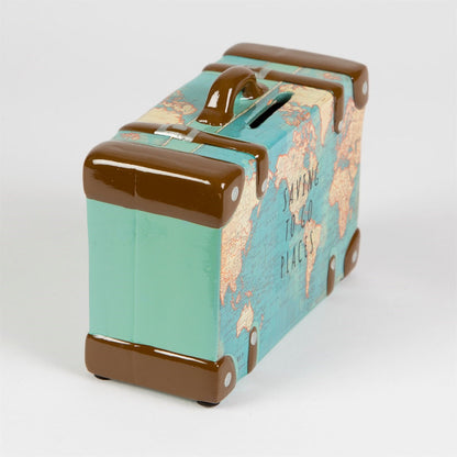 Toy suitcase with world map design and 'Travel to new places' text on a white background