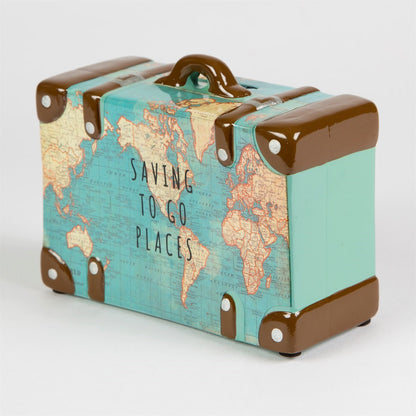 Vintage-style suitcase with world map design and 'Saving to go places' text on a white background