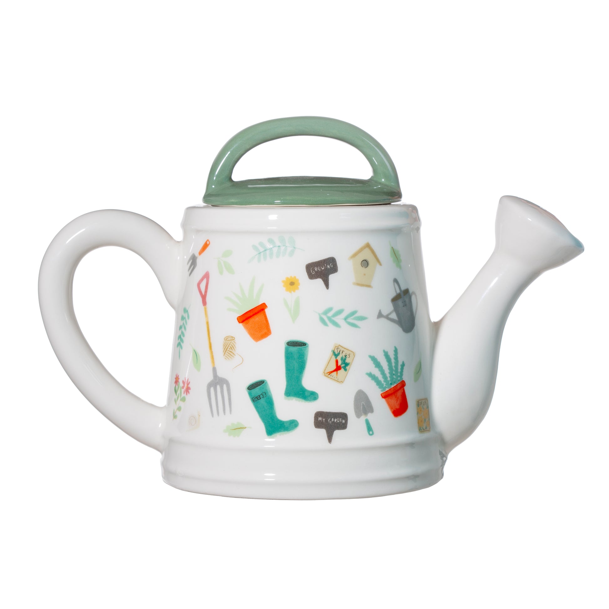 Teapot in the shape of a watering can with a gardening themed pattern, on a white background