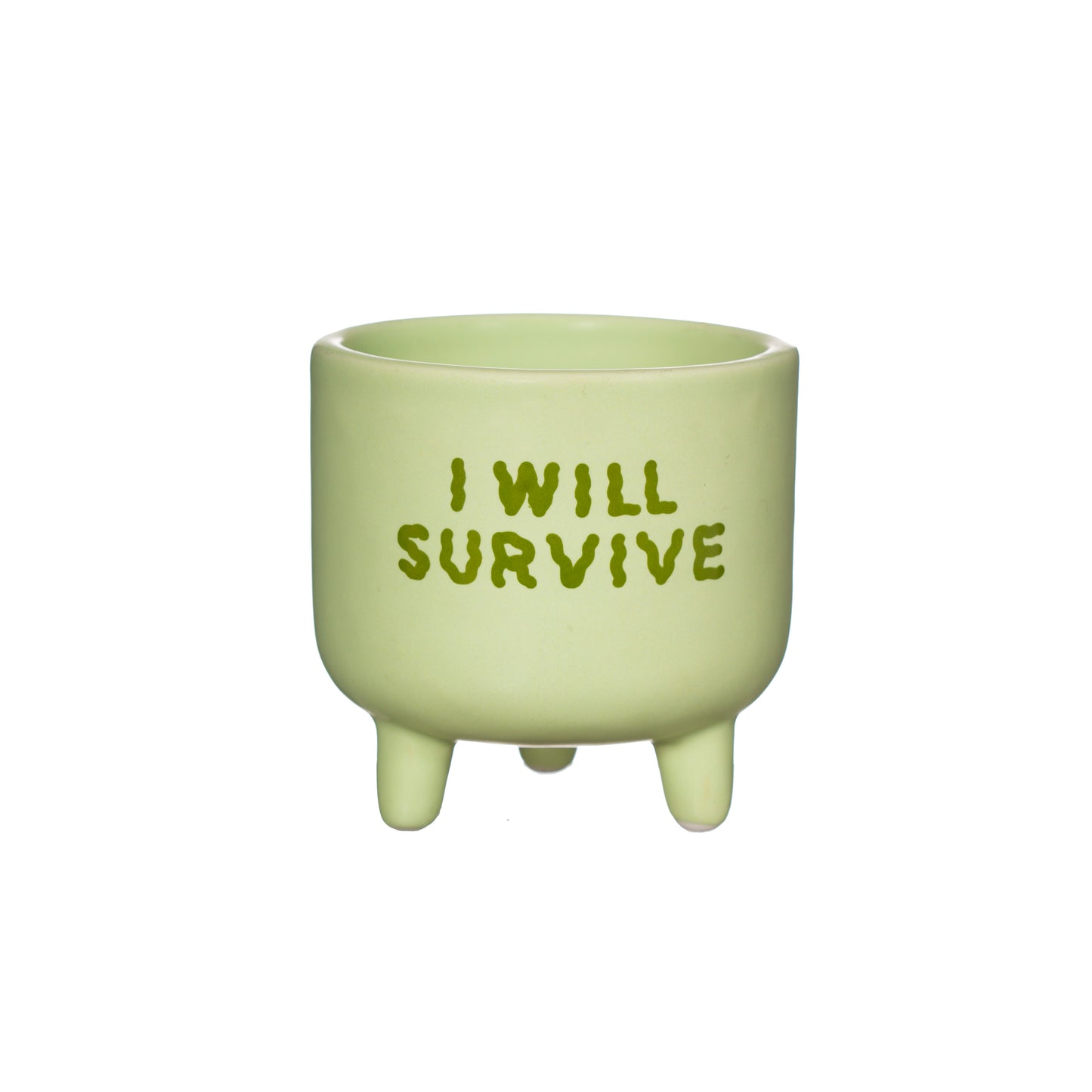 Green ceramic pot with 'I WILL SURVIVE' text on a white background