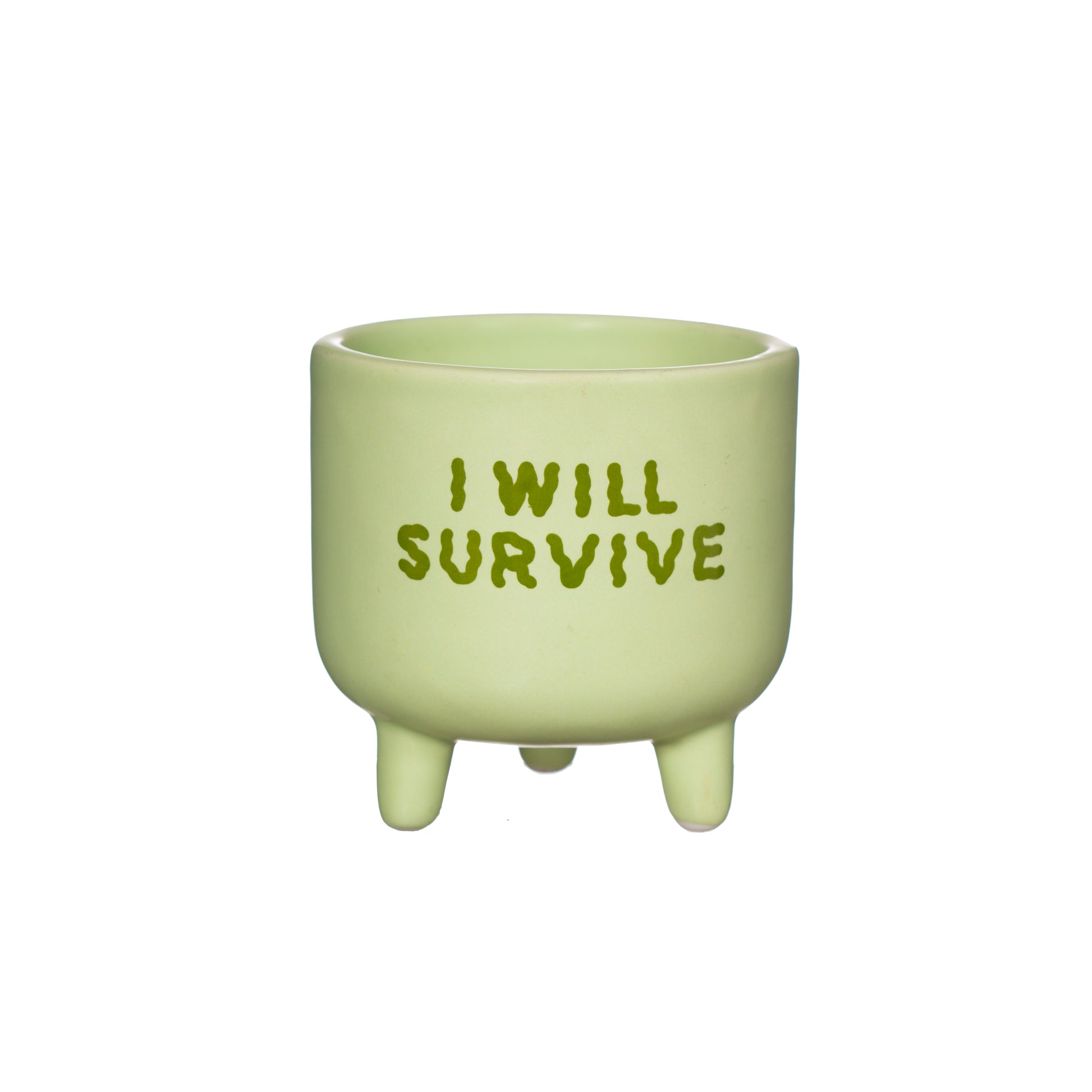 Green ceramic pot with 'I WILL SURVIVE' text on a white background