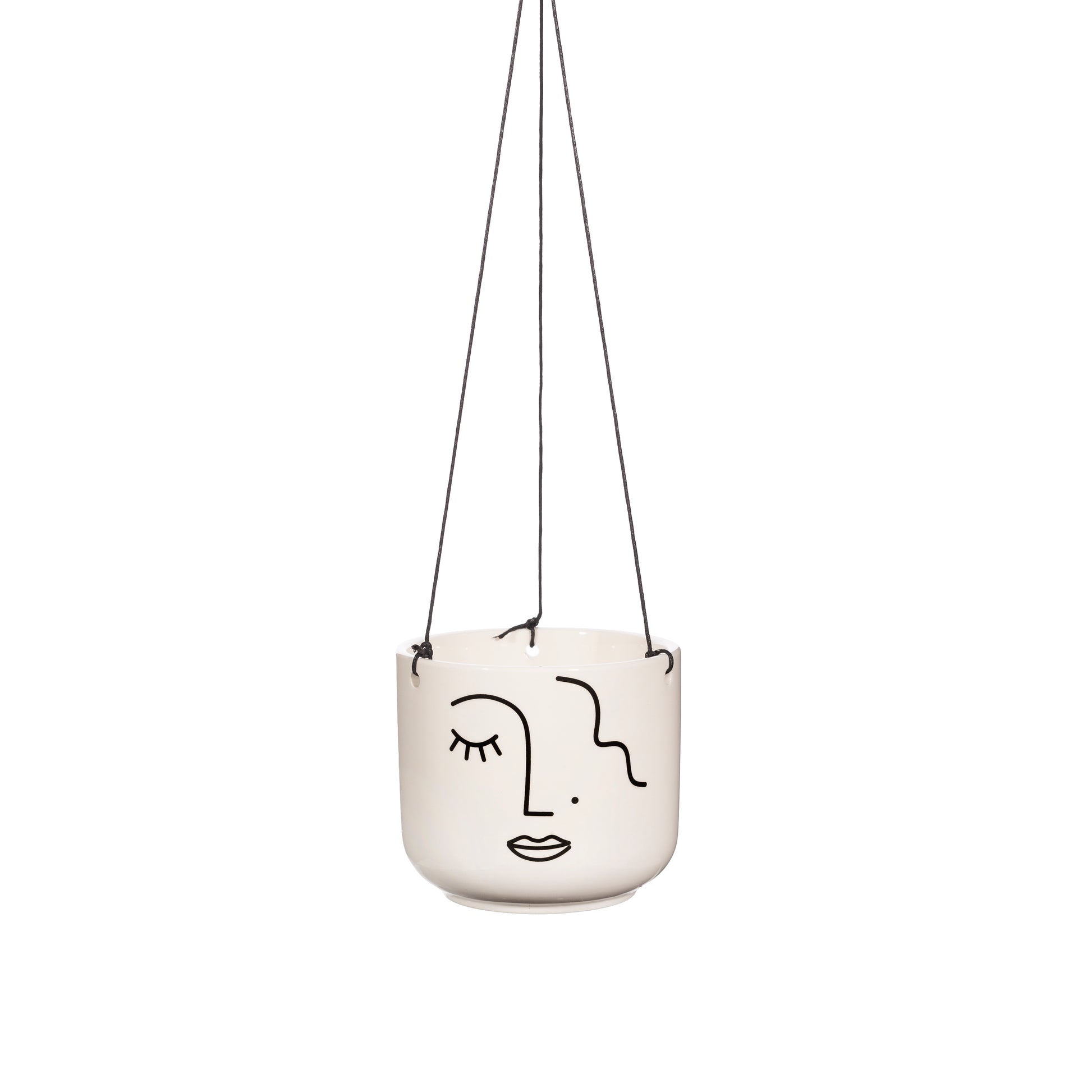 Hanging planter white pot featuring a face design on a white background