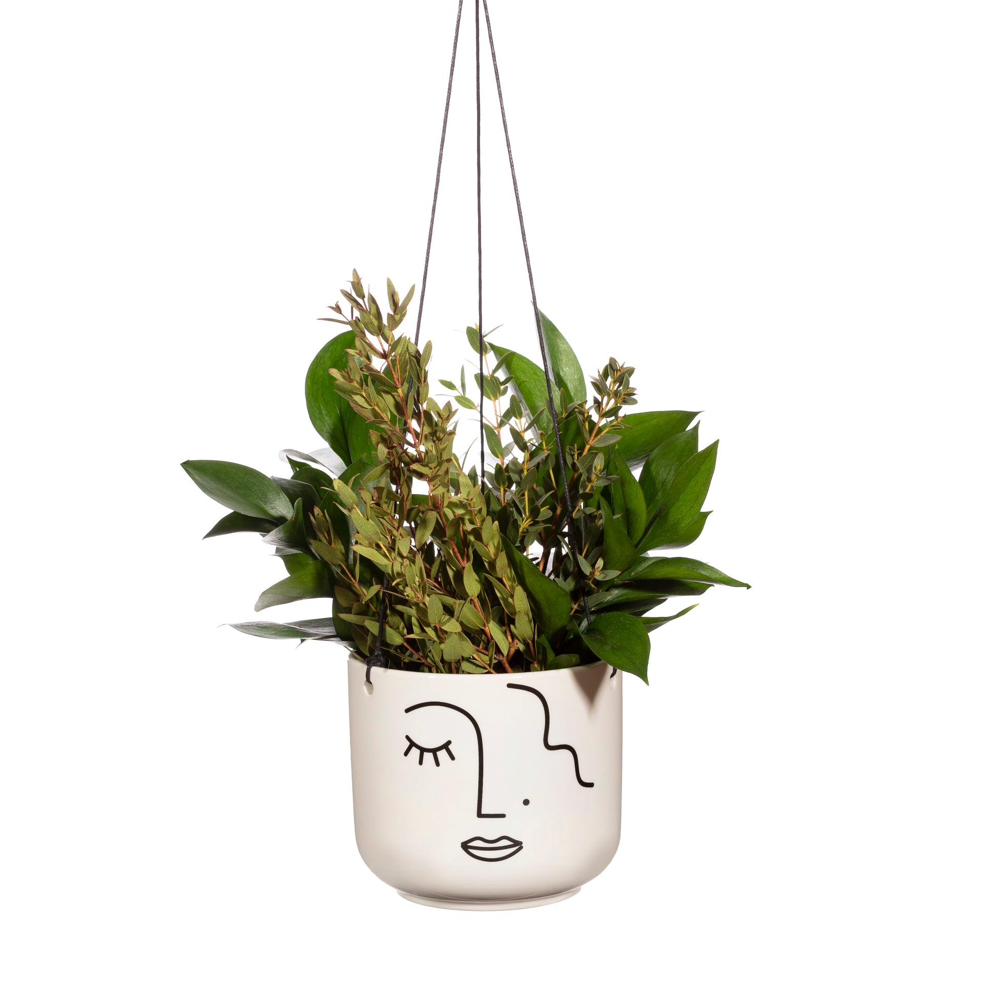 Hanging planter with green leaves in a white pot featuring a face design on a white background
