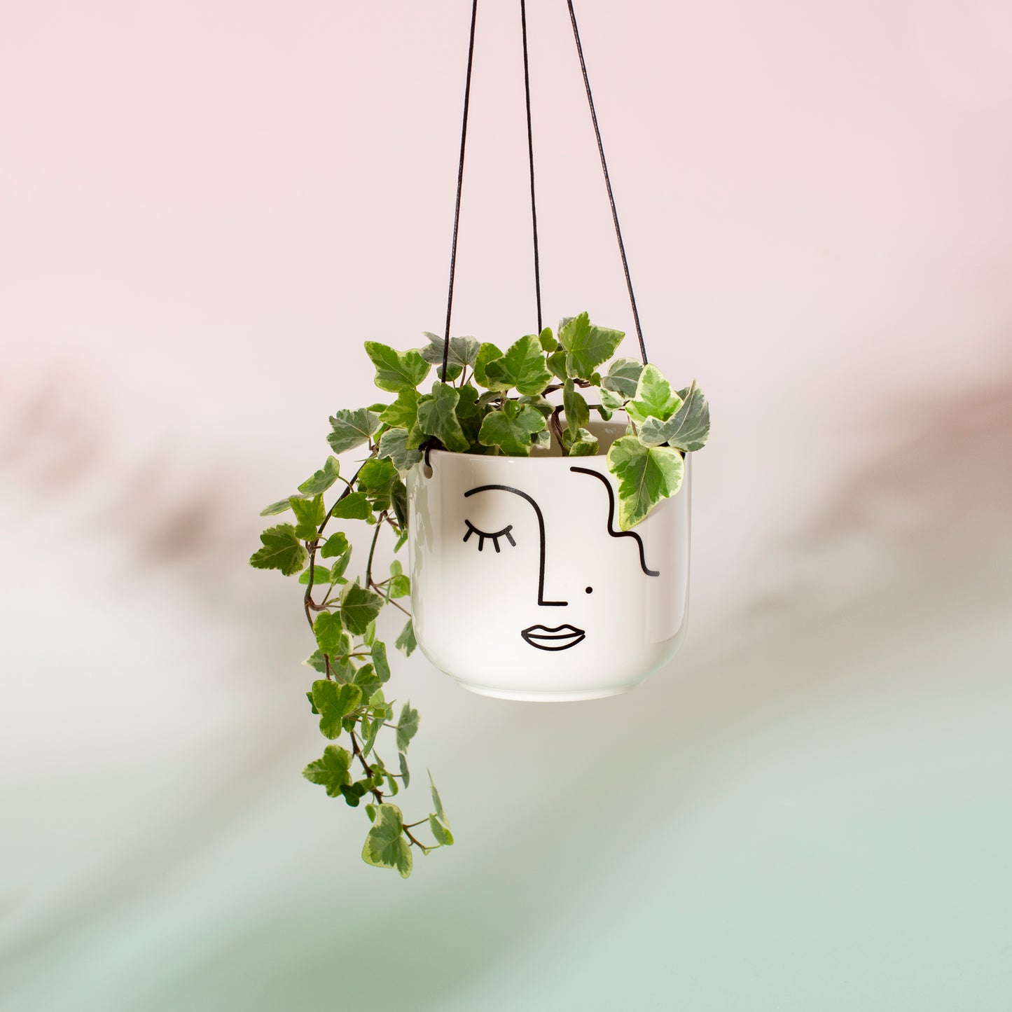 Hanging planter with green leaves in a white pot featuring a face design on a pink and green background