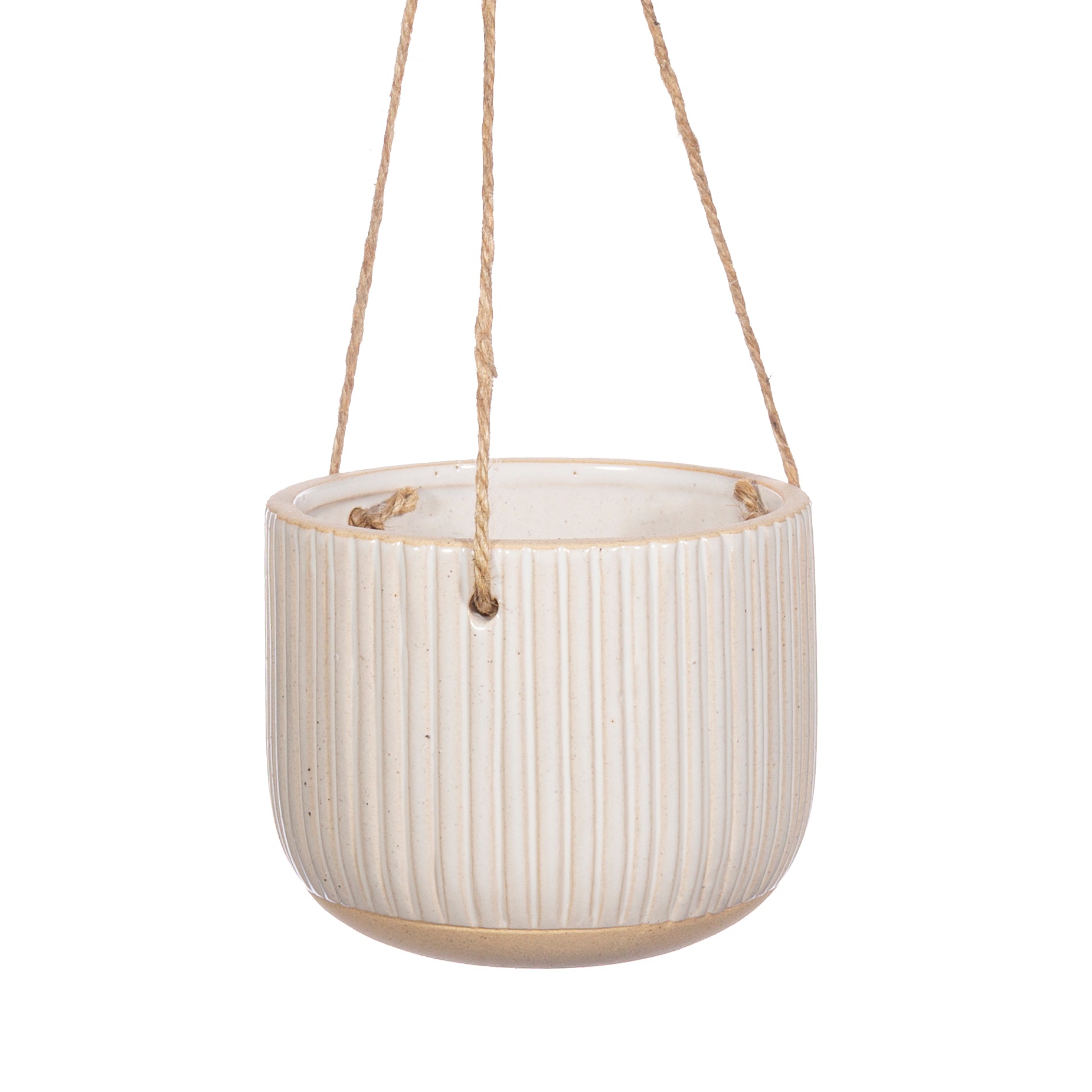 White hanging planter with ribbed texture on a white background