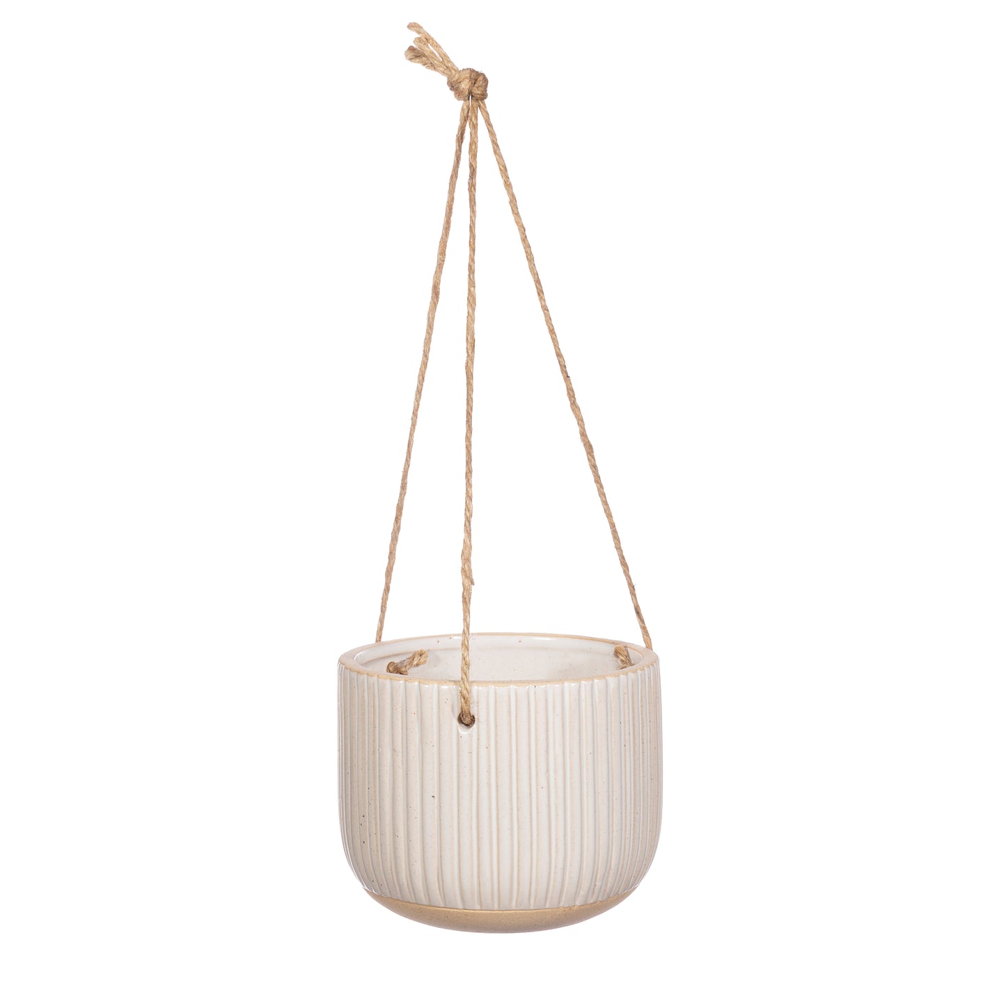 White hanging planter with ribbed texture and natural rope on a white background