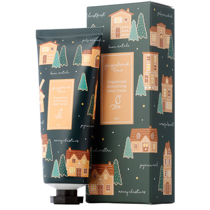 Hand cream with packaging featuring Christmas-themed designs on a white background
