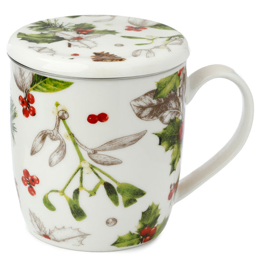 White mug with festive mistletoe design on a white background with lid