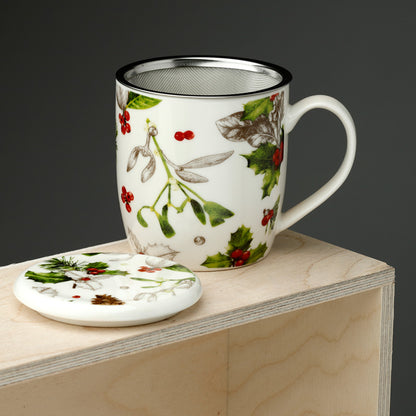 Decorative mug with floral design on a wooden surface