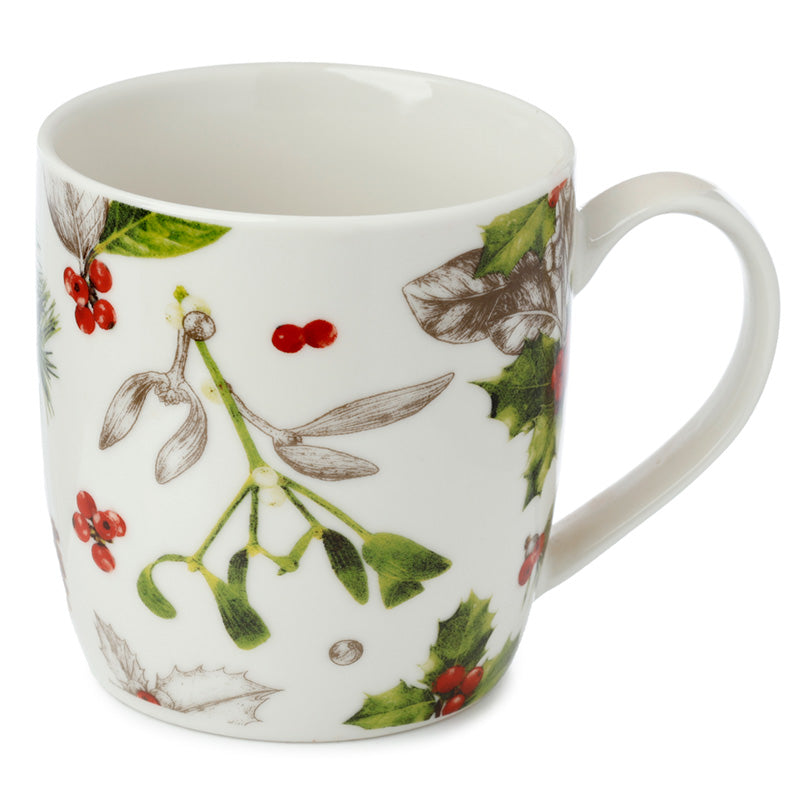 White mug with festive mistletoe design on a white background