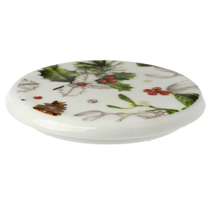 Decorative lid with holly design on a white background