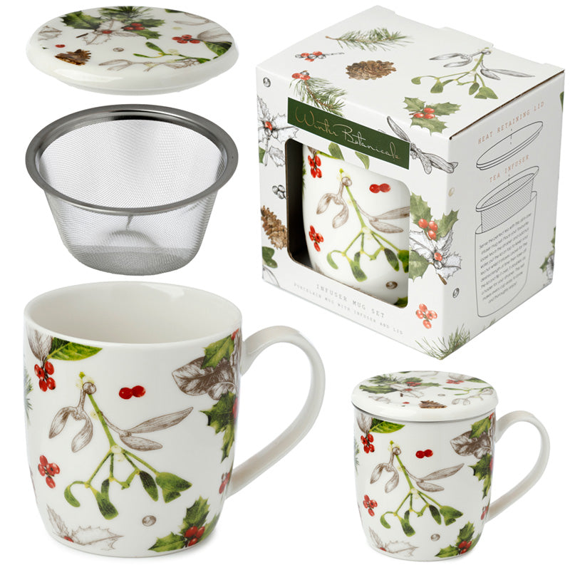 Tea mug set with floral design, including mug, lid, infuser, and packaging.