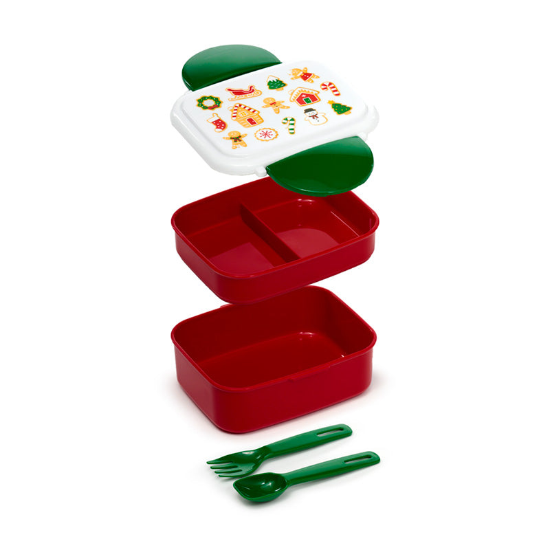 Baker Street Christmas Red and Green Clip Lock Bento Lunch Box With Cutlery