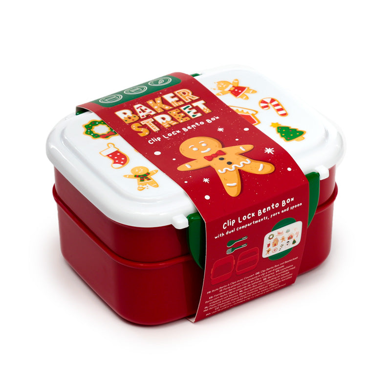 Baker Street Christmas Red and Green Clip Lock Bento Lunch Box With Cutlery