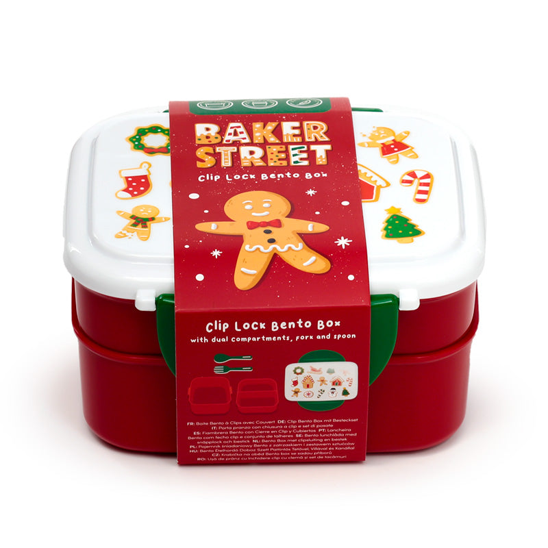 Baker Street Christmas Red and Green Clip Lock Bento Lunch Box With Cutlery