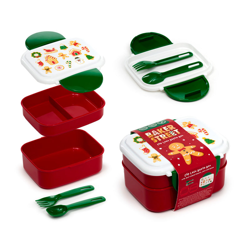 Baker Street Christmas Red and Green Clip Lock Bento Lunch Box With Cutlery
