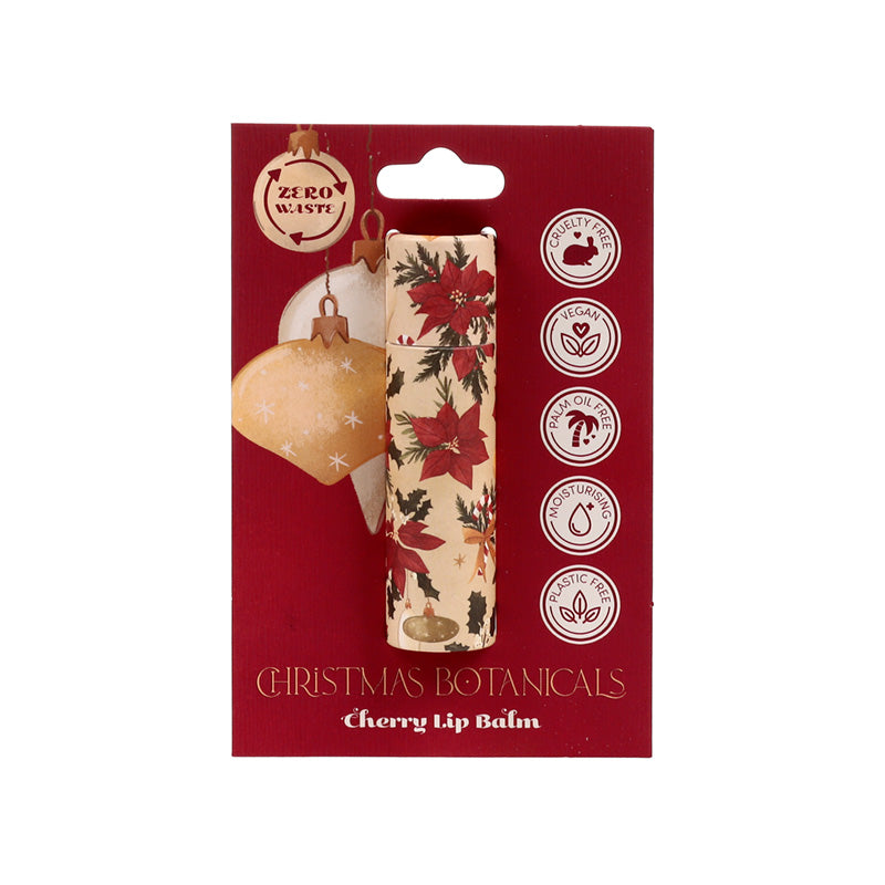 Lip balm with a Christmas theme in red packaging on a white background