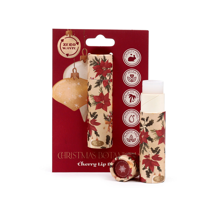 Lip balm with a Christmas theme next to red packaging on a white background