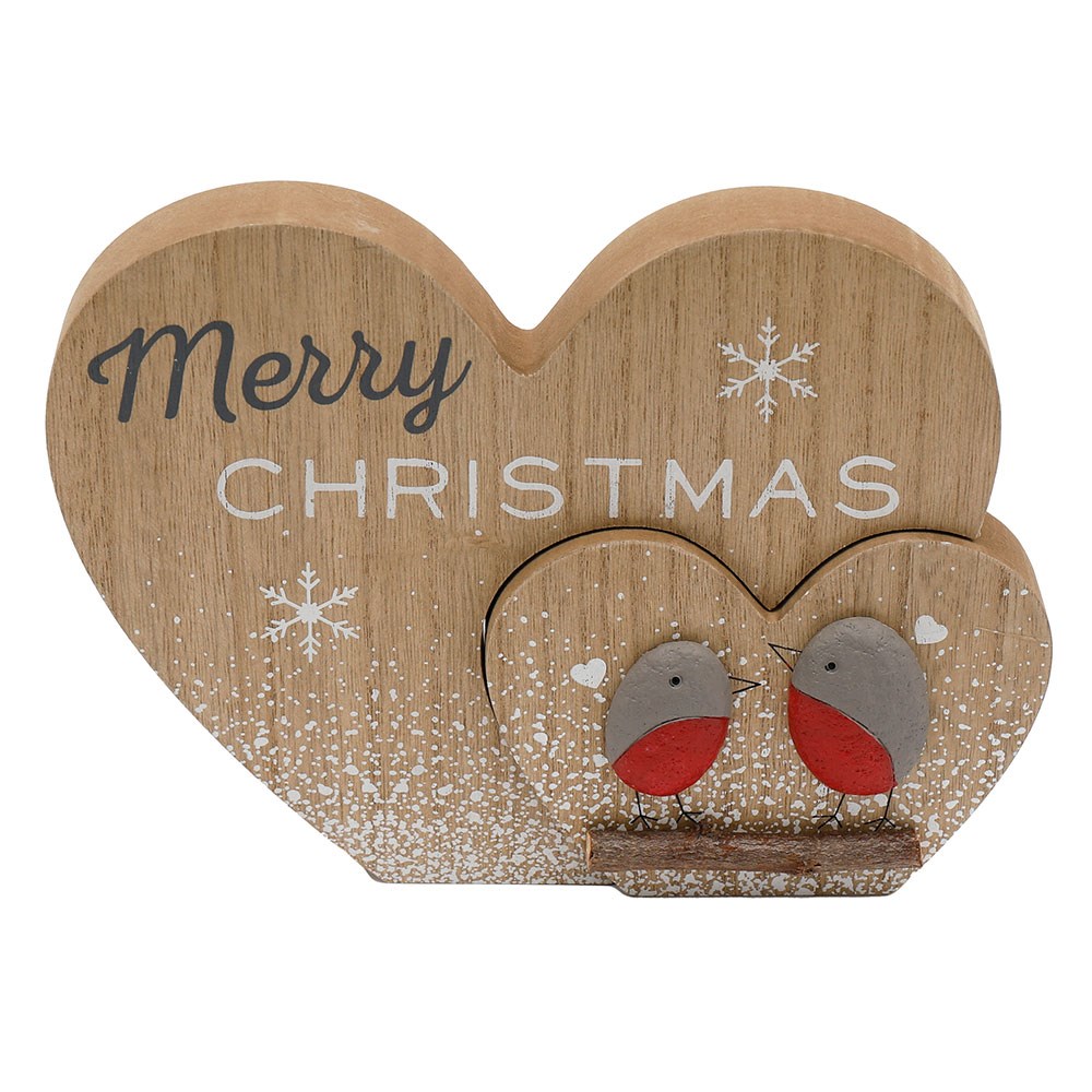 Wooden heart-shaped Christmas decoration with two birds and 'Merry Christmas' text.