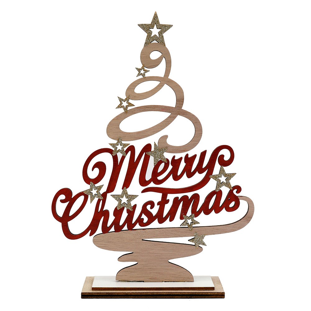 Wooden Christmas tree decoration with 'Merry Christmas' text and stars on a white background