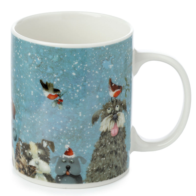 Mug with dog and robin design on a blue snowy background