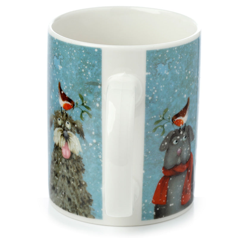 Mug with a design of two dogs and a bird on a blue background