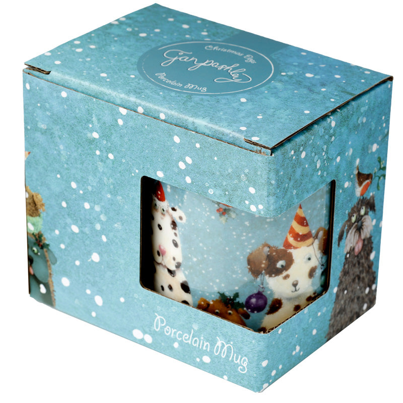 Boxed porcelain mug with animal design on a white background
