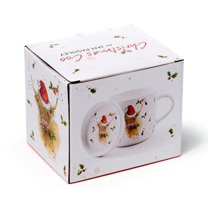 Mug with Christmas highland cow design box on a white background