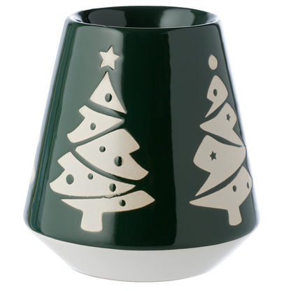 Green ceramic vase with white Christmas tree designs on a white background