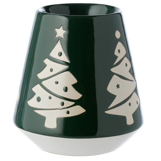 Green ceramic vase with white Christmas tree designs on a white background