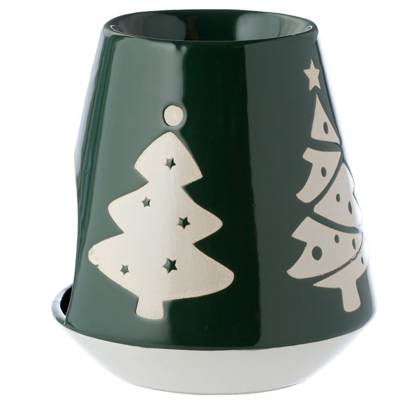 Green candle holder with white Christmas tree designs on a white background