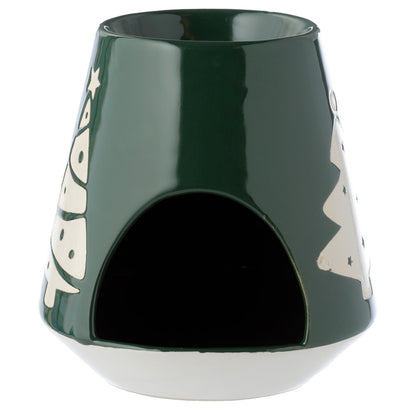 Green ceramic cat house with white paw prints on a white background