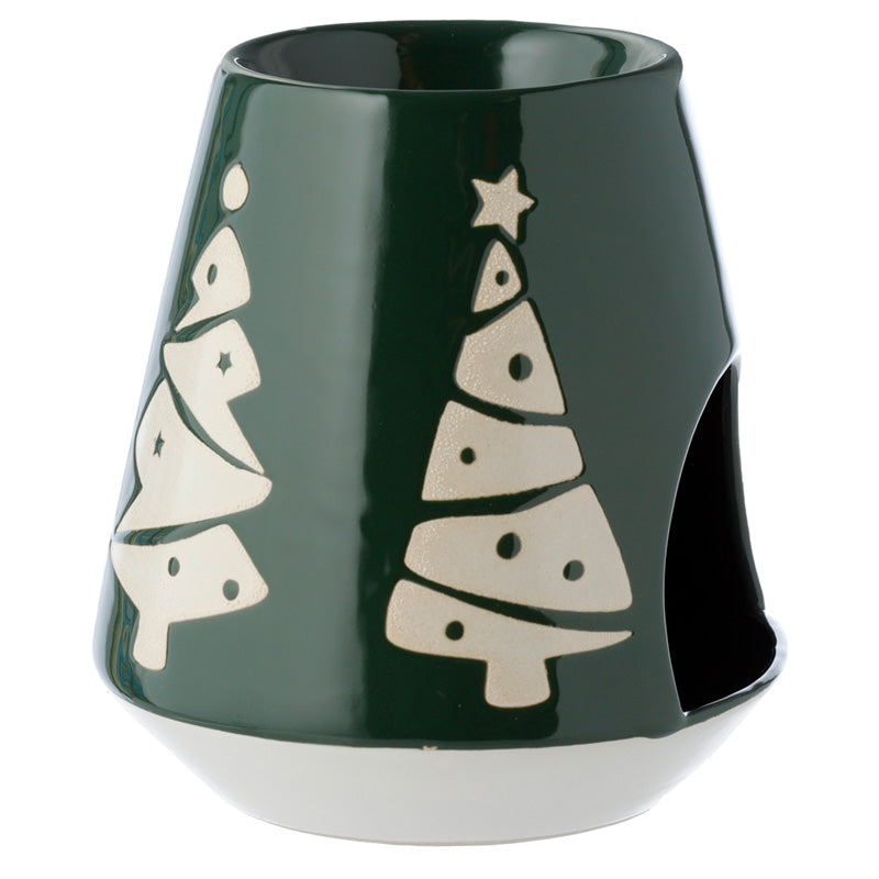 Green ceramic candle holder with white Christmas tree designs on a white background
