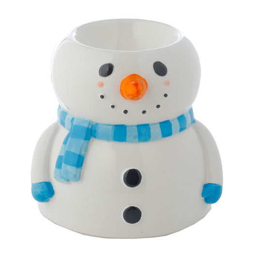 Snowman-shaped candle holder with a blue scarf on a white background