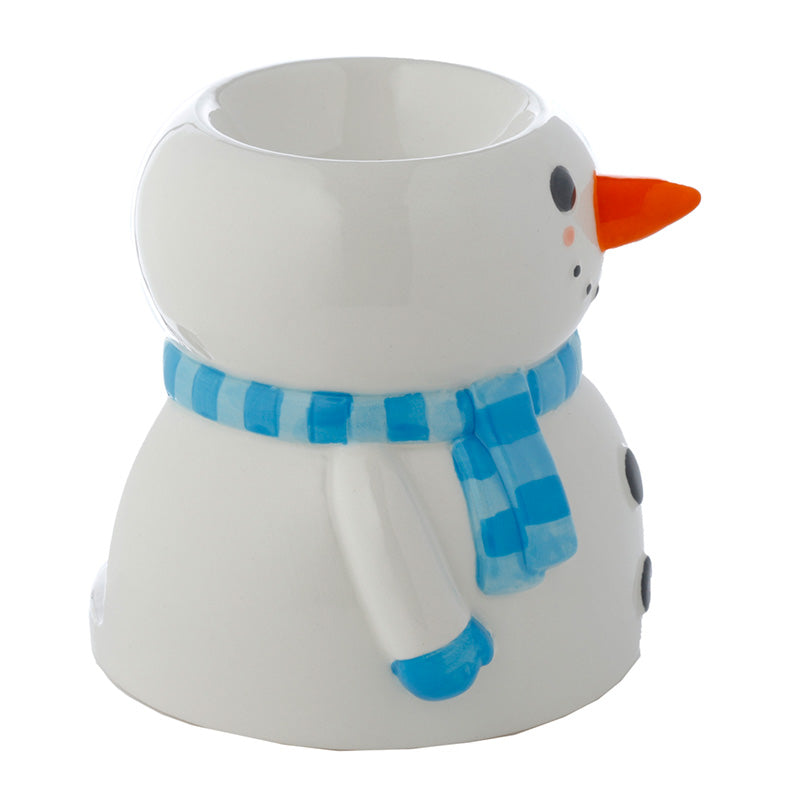 Snowman-shaped mug with a blue scarf on a white background
