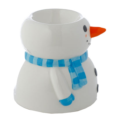 Snowman-shaped mug with a blue scarf on a white background