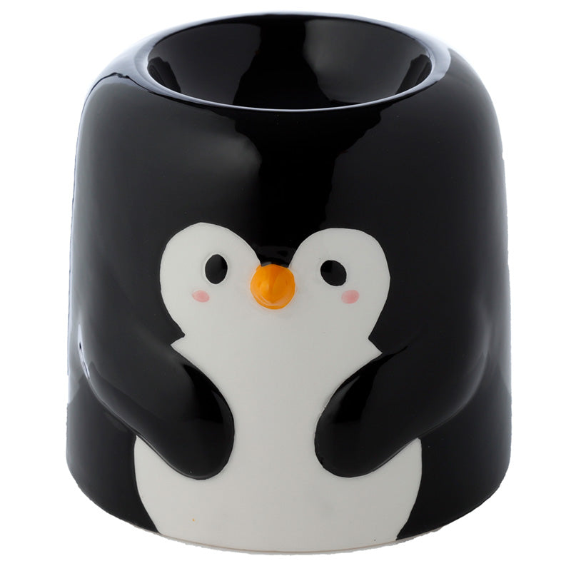 Black mug with a penguin design on a white background