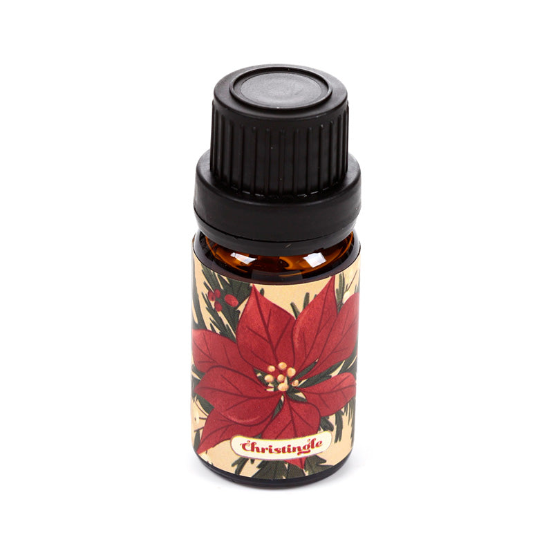 Bottle of Christmas themed fragrance oil on a white background