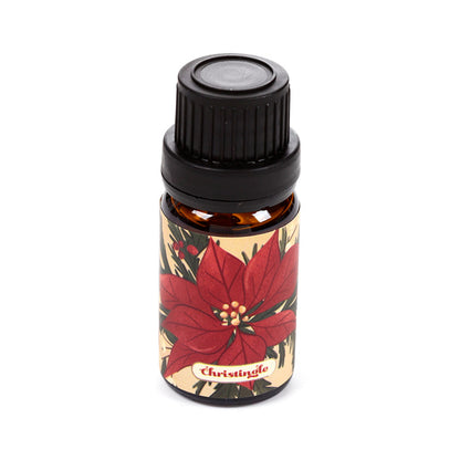 Bottle of Christmas themed fragrance oil on a white background