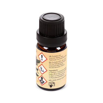 Bottle of Christmas themed fragrance oil on a white background