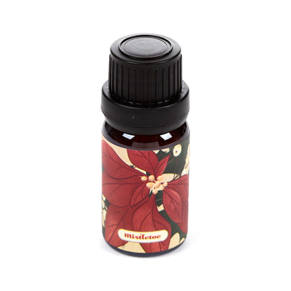 Bottle of Christmas themed fragrance oil on a white background
