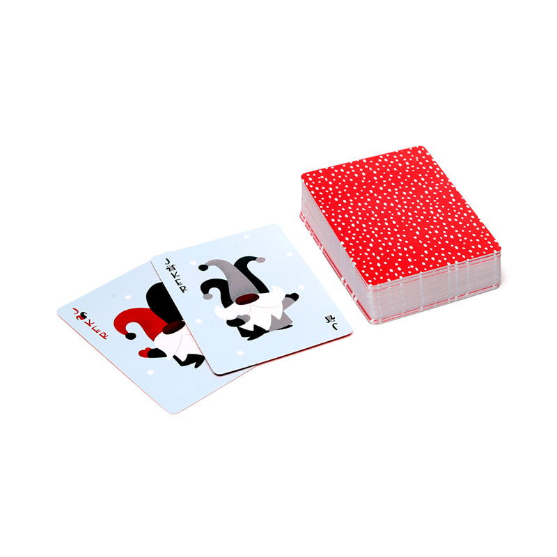 Set of playing cards with gnome and tree designs on a light blue background