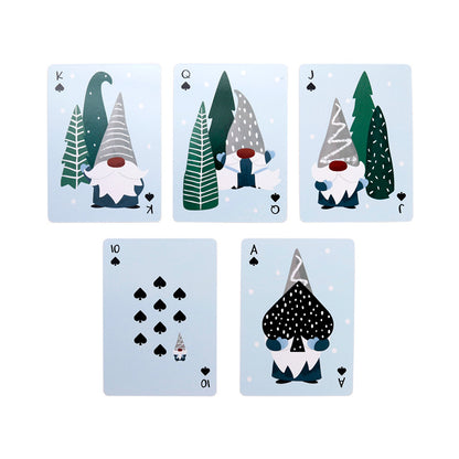 Set of playing cards with gnome illustrations on a light blue background