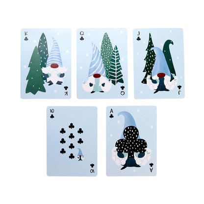 Set of playing cards with gnome and tree designs on a light blue background