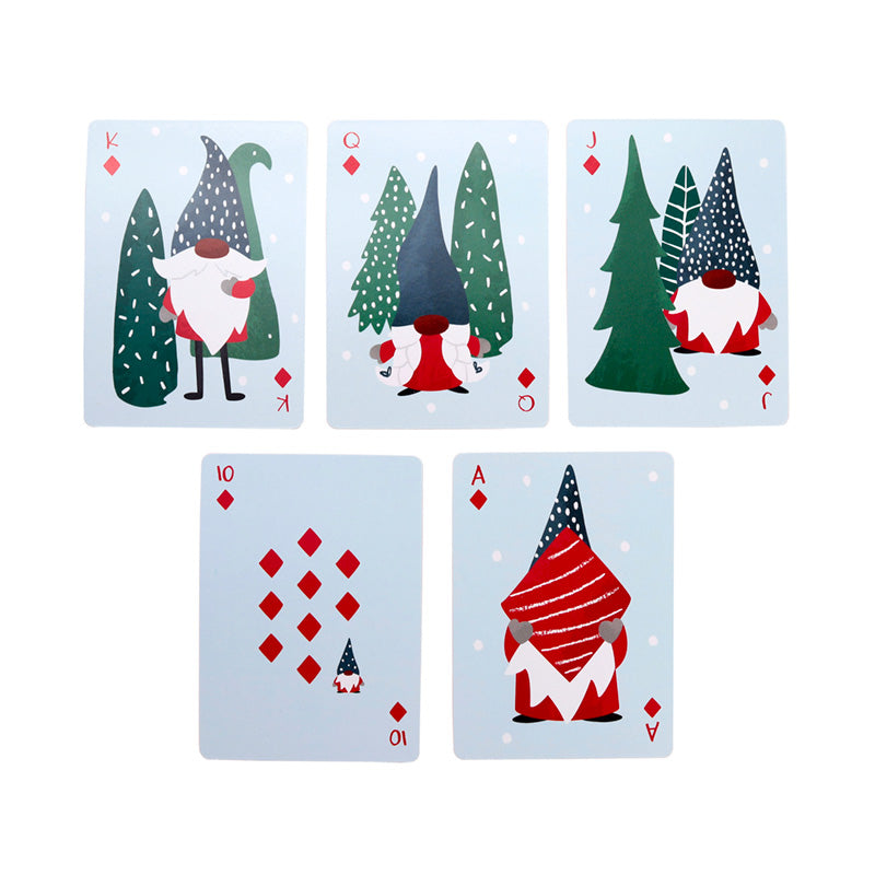 Set of playing cards with gnome and tree designs on a light blue background