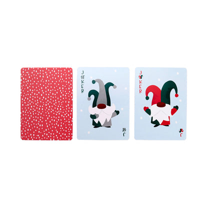 Three playing cards featuring gnomes and the word 'Joker' on a white background.