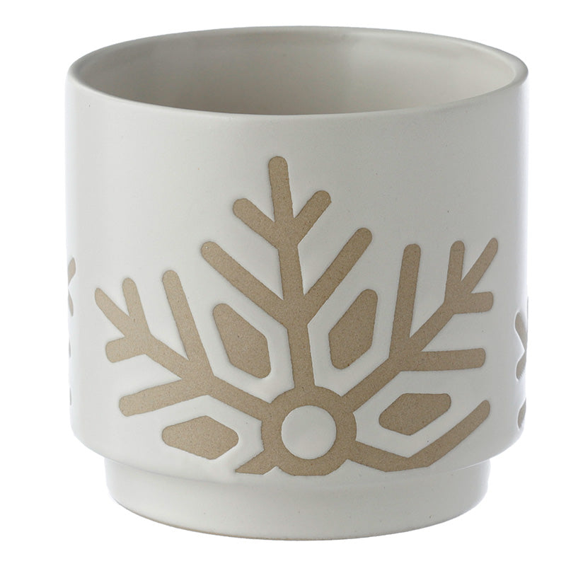 White ceramic pot with beige coral pattern on a white background