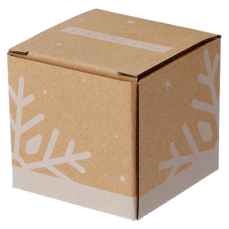Brown cardboard box with white snowflake designs on a white background