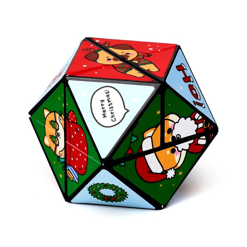 Christmas-themed dodecahedron puzzle with cartoon characters on a white background
